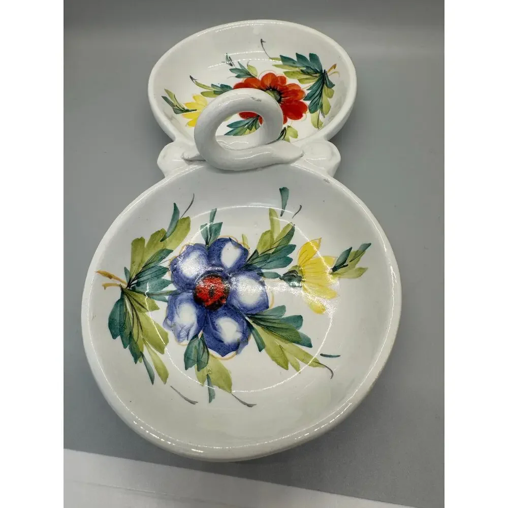 Vintage Beautiful Hand Painted Divided Dish Floral Handle Made In Italy Spring